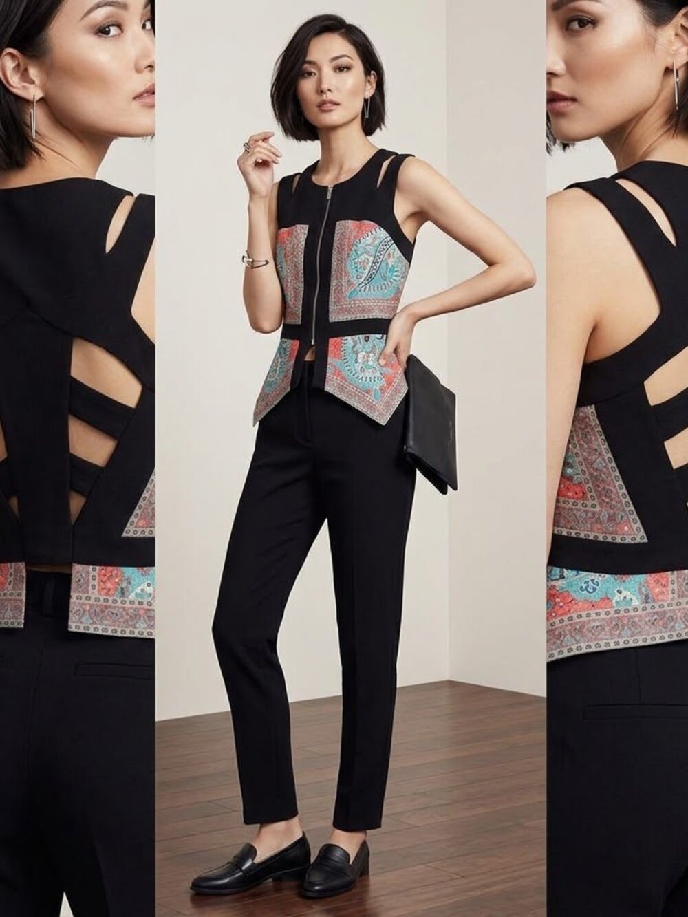 BCBGMAXAZRIA Paisley Print Cut-Out Back Top